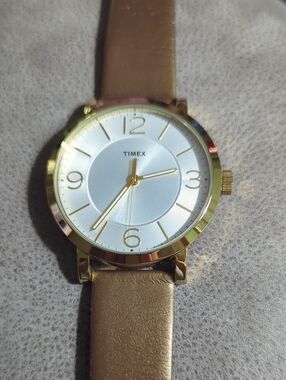 Timex Gold-Tone Case with Metallic Brown Leather Strap Watch